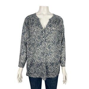 H&M Womens Blouse Shirt Large Floral Blue Henley 3/4 Sleeve Top
